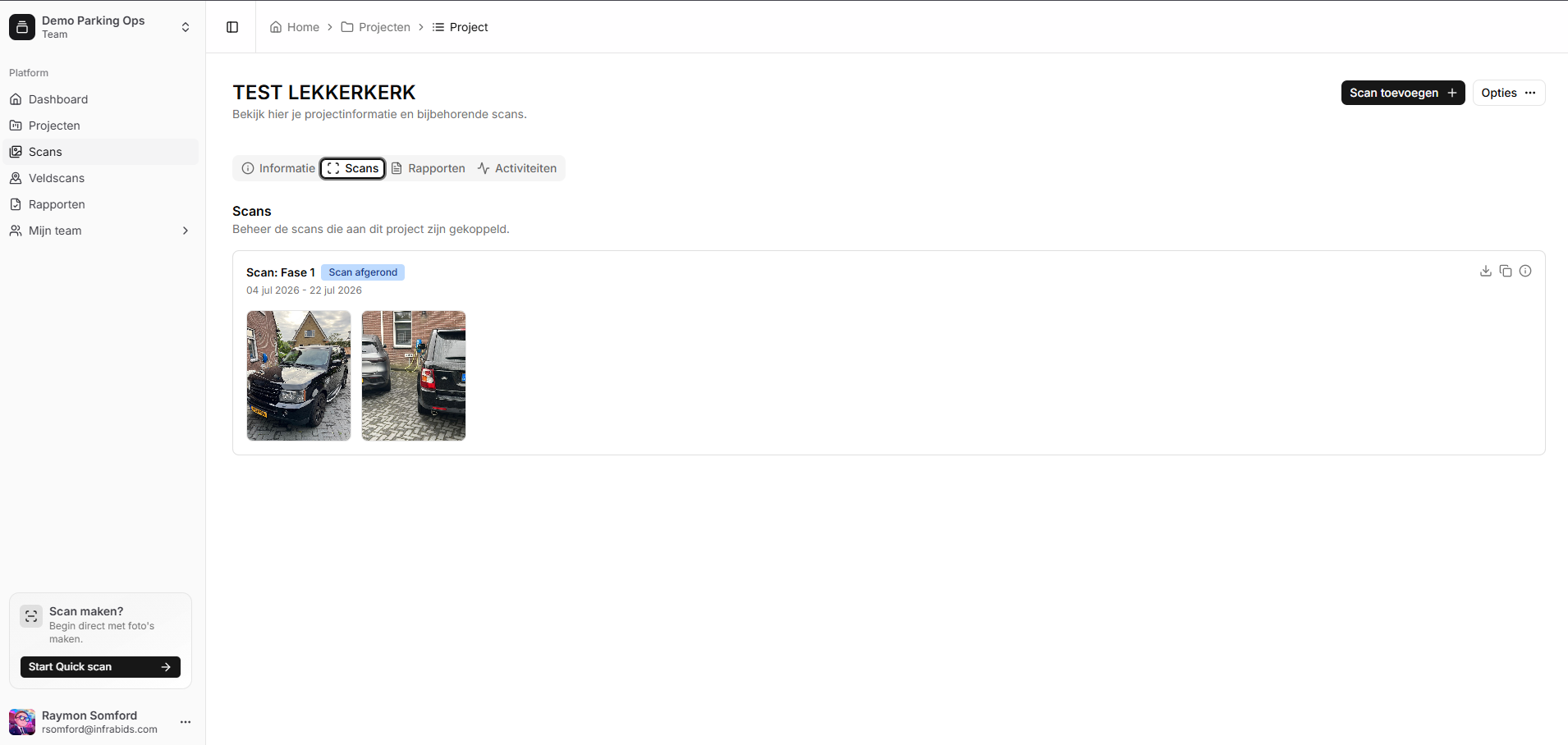 Infrafoto projectpagina met kentekenregistraties per fase
