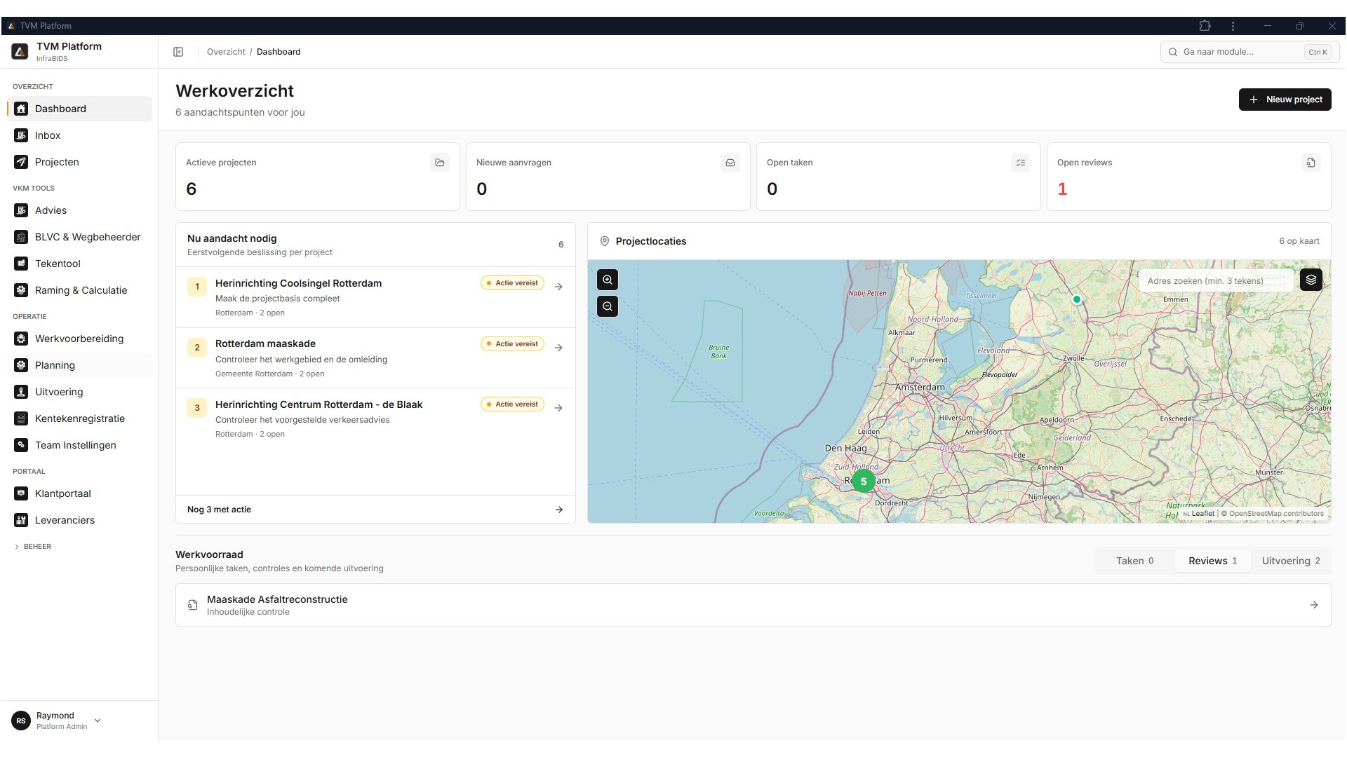 TVM Platform dashboard met kaart, actieve projecten en planning